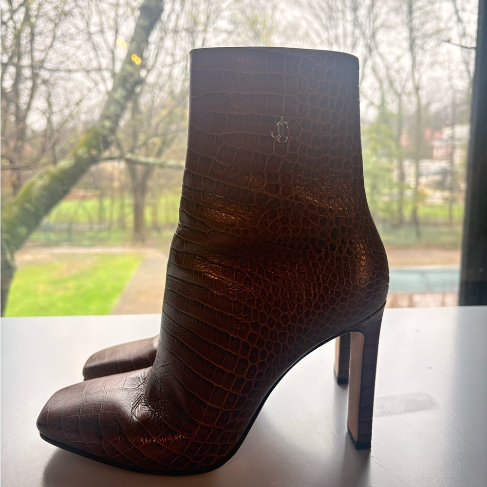 Jimmy Choo Camel Croc-Embossed High Heel Ankle Boots - Picture 5 of 9